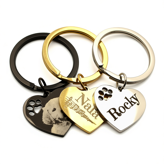 Heart Keyring Pendant with Paw and Engraving
